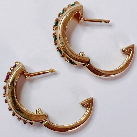 VTG Emerald Ruby Petite Huggie Earrings Colorful Minimalist Gold Tone Lab Grown - Picture 7 of 11